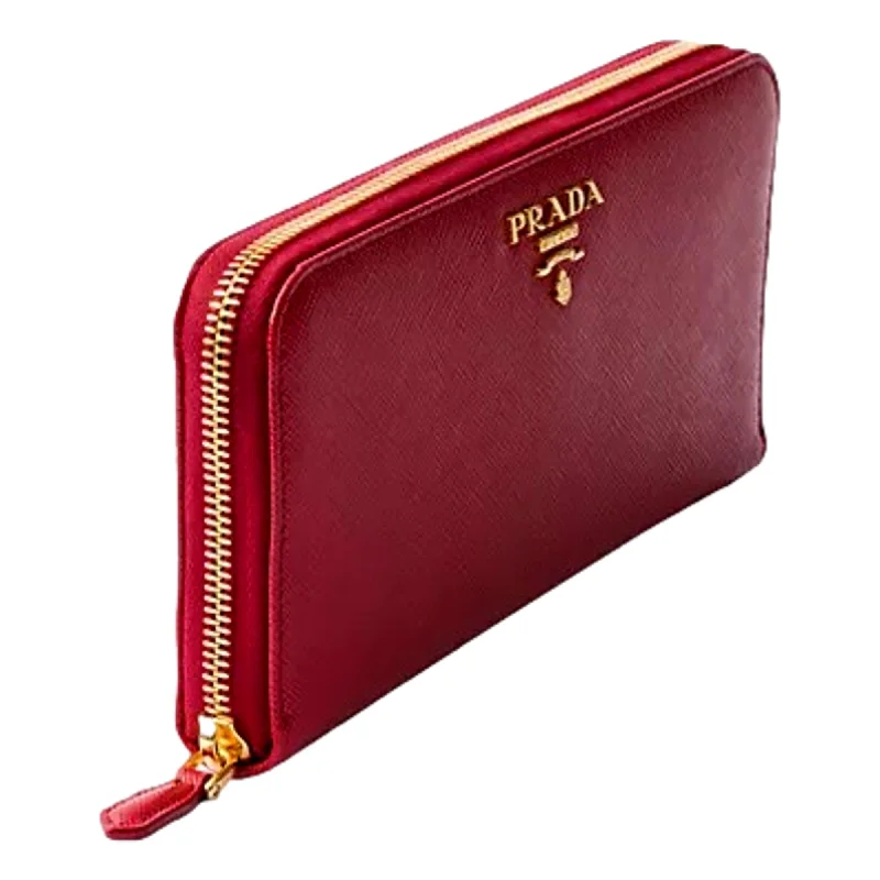 Prada Cleo bags with a curved shape and a chain - link shoulder strapPrada Saffiano Metal Red Leather Continental Wallet