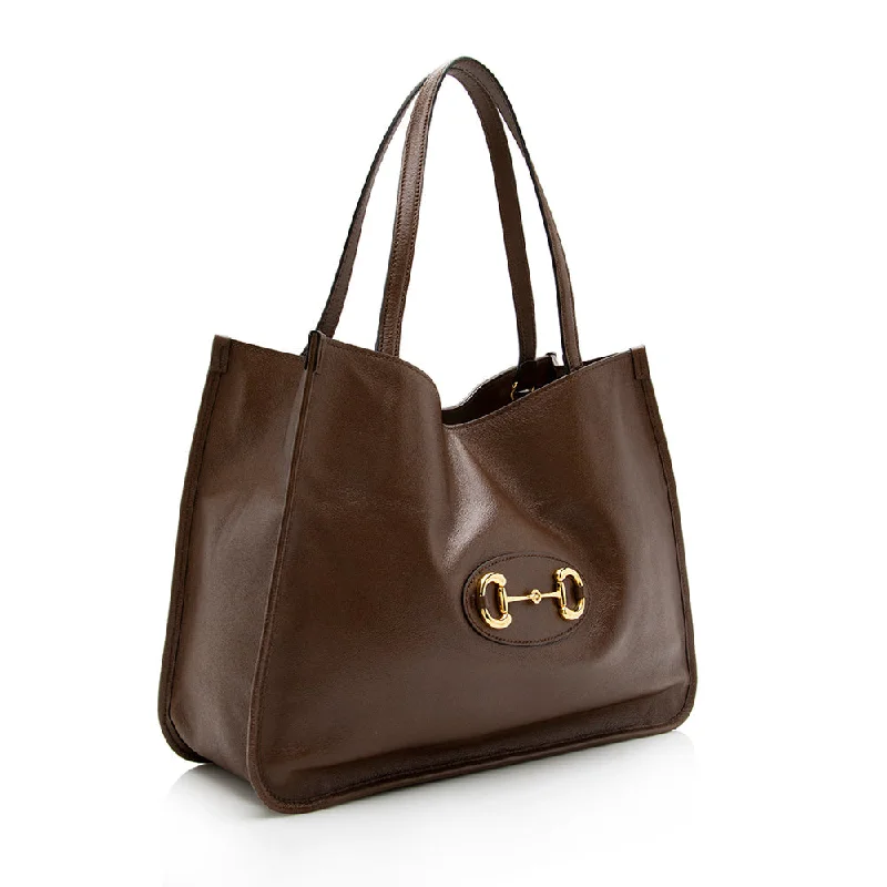 Women Gucci bags with a magnetic snap closure for easy accessGucci Calfskin 1955 Horsebit Tote (18048)