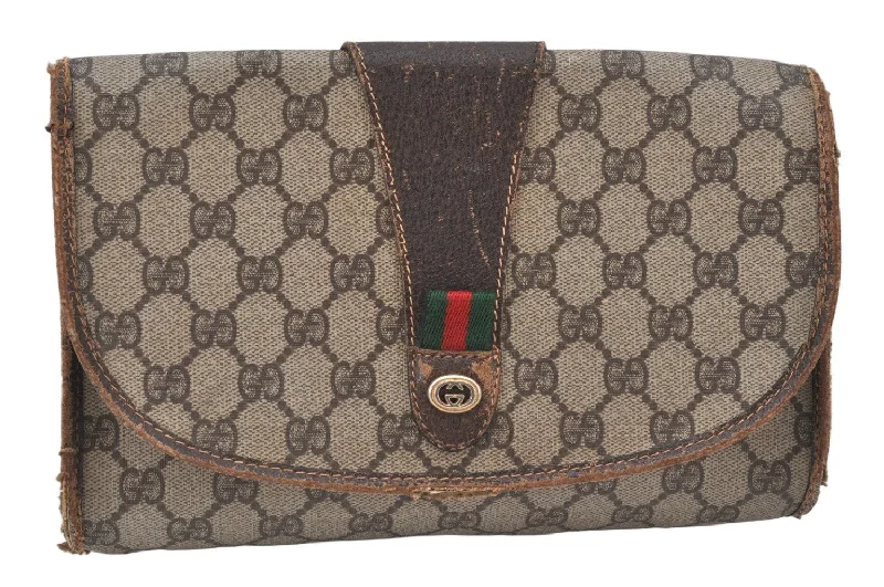 Women Gucci bags with interlocking G hardware for a classic lookAuthentic GUCCI Web Sherry Line Clutch Hand Bag Purse GG PVC Leather Brown 6920K