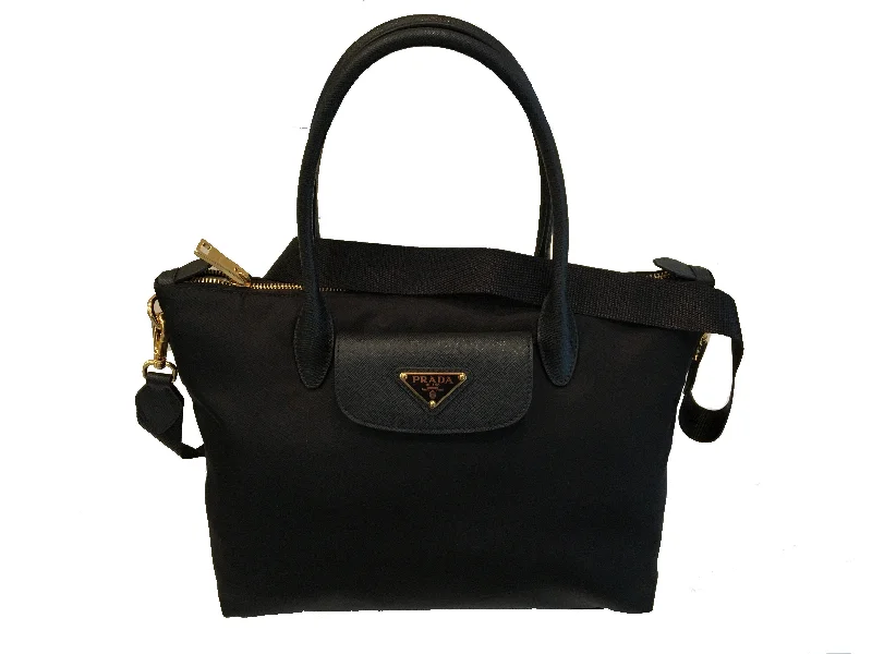 Prada tote bags with a spacious interior and a magnetic - snap closurePrada Tessuto Nylon Saffiano Leather Black Shopping Tote Bag 1BA106