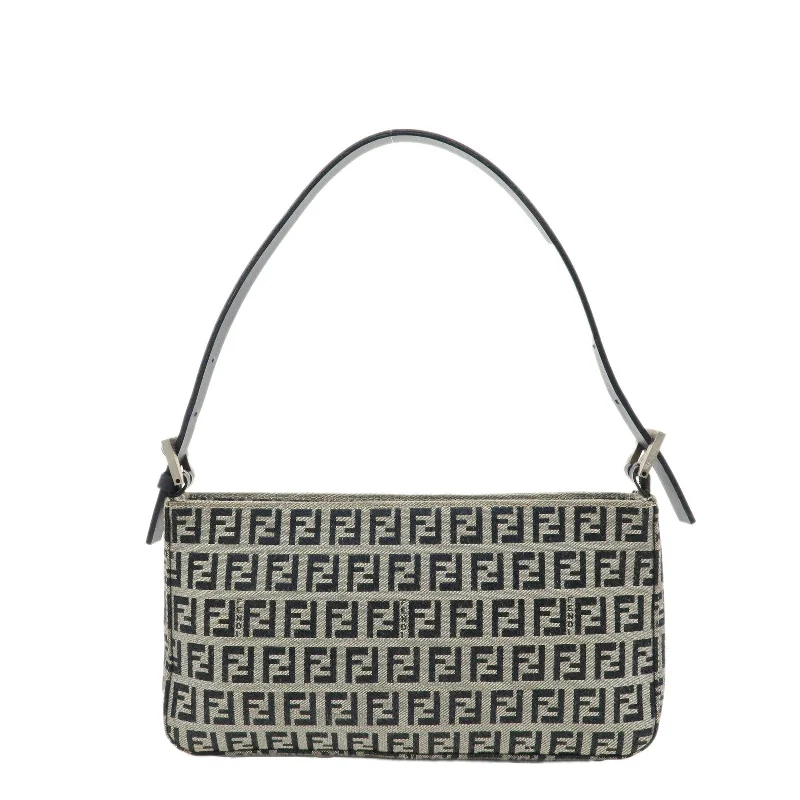 Ladies Fendi shoulder bags with a tassel - decorated zipper for added charm and styleFENDI Zucchino Canvas Leather Shoulder Bag Ivory Navy 8BR042