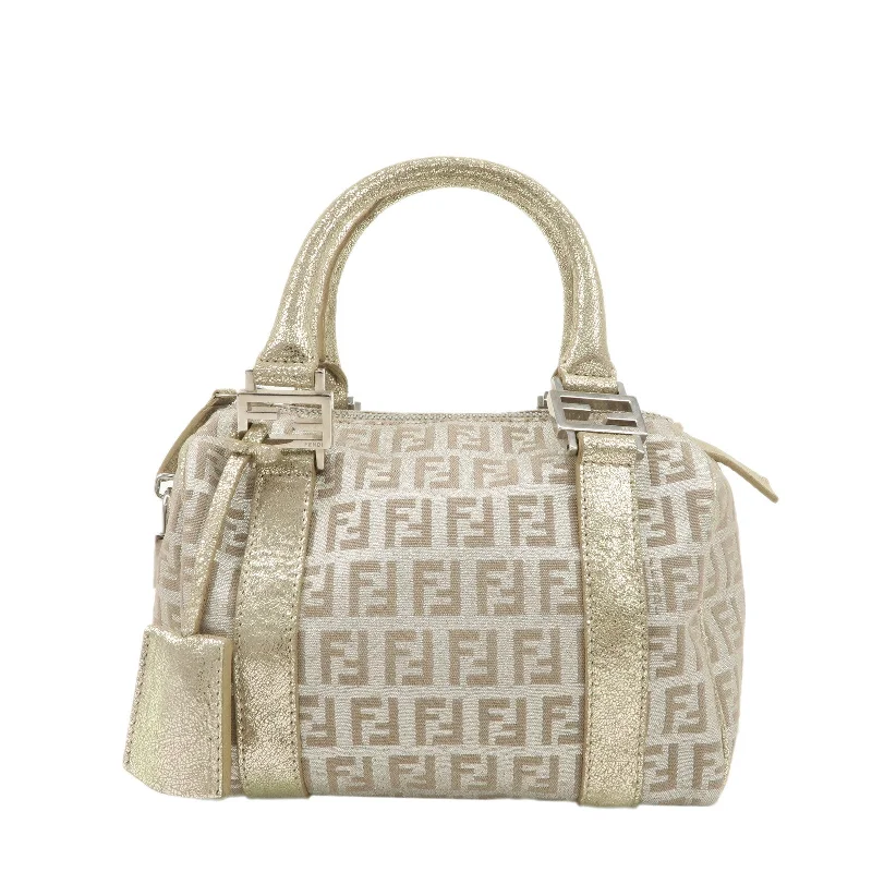 Fendi bags with a detachable makeup pouch inside for beauty - conscious usersFENDI Zucchino Canvas Leather Mini Boston Bag Gold 8BL071