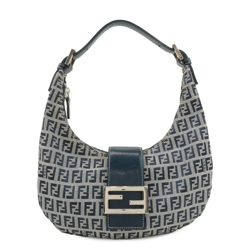 Fendi bags with a chain - link trim and a leather body for a modern and edgy lookFENDI Zucchino Canvas Leather Shoulder Bag Navy Grey