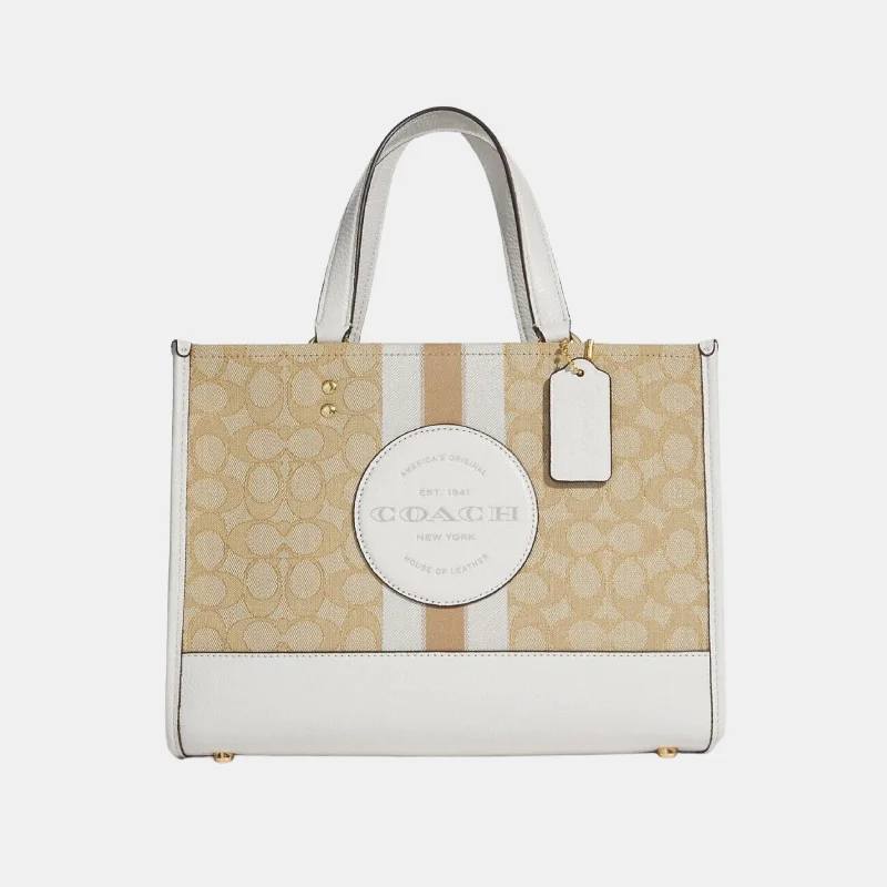 Coach bags with a back - zip pocket for storing valuables securelyCoach Dempsey Carryall Tote Signature Khaki White Jacquard Stripe Patch Bag