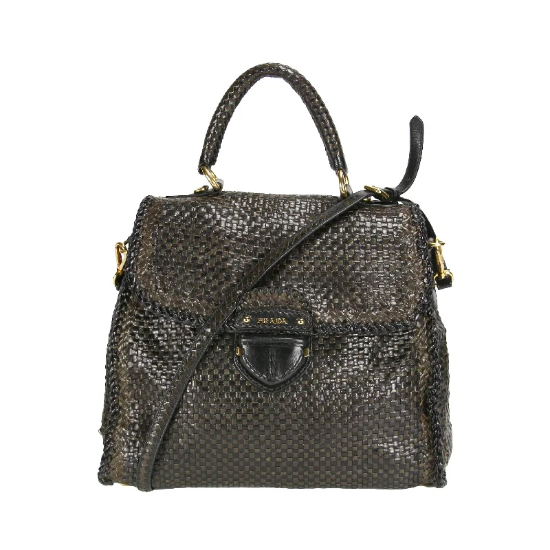 Prada bags with a front - flap pocket for quick access to essentialsPrada Madras Woven Black/Khaki Goatskin