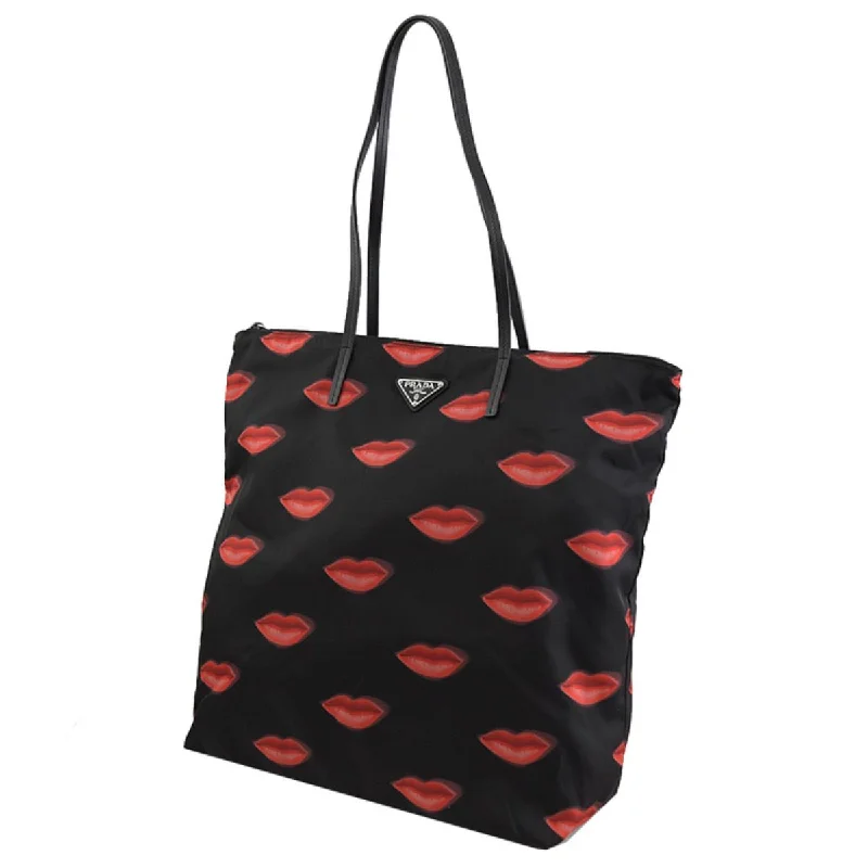 Ladies Prada handbags with a detachable wallet inside for added conveniencePrada Tessuto Nylon Red Lips Black Shopping Tote 1BY300