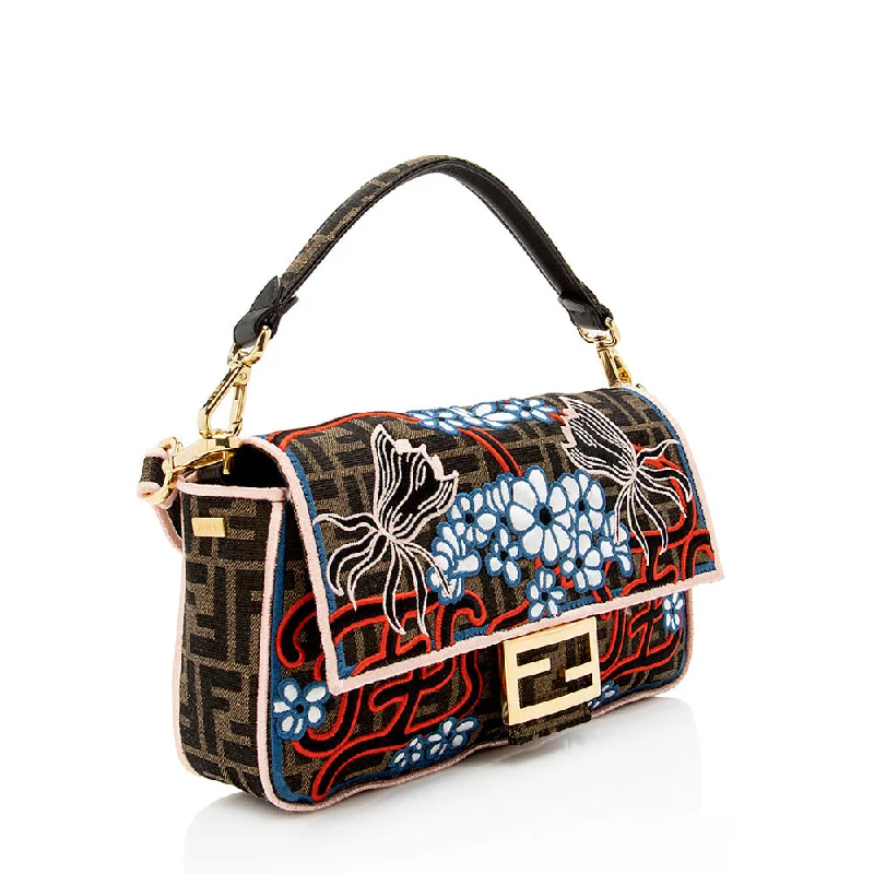 Fendi bags with a zip - top closure and a front - pocket for quick access to keys and cardsFendi Embroidered Karligraphy Baguette Shoulder Bag (SHF-16593)