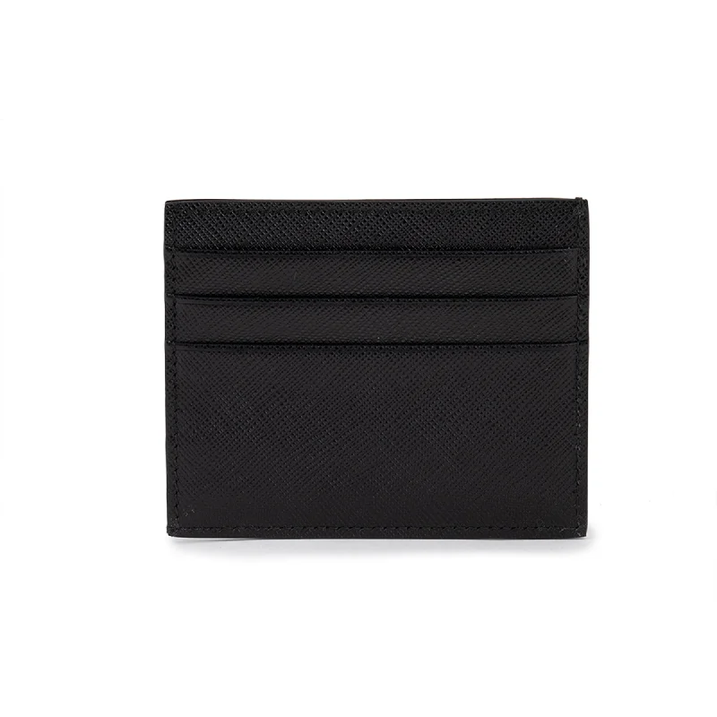 Prada bags with a front - flap pocket for quick access to essentialsPrada Saffiano Mens Credit Card Wallet Black Nero Silver Logo