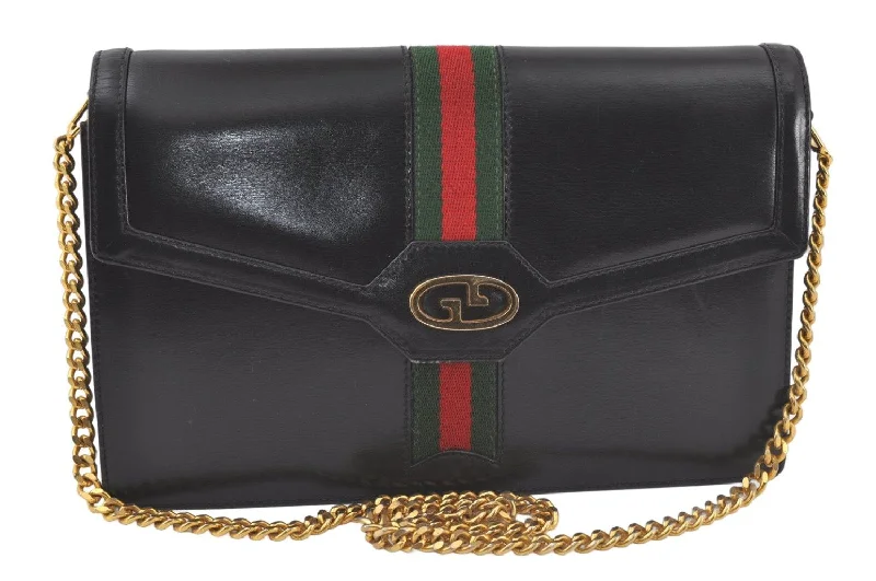 Women Gucci crossbody bags in a bold red colorAuthentic GUCCI Web Sherry Line Chain Shoulder Cross Bag Leather Black 6893K