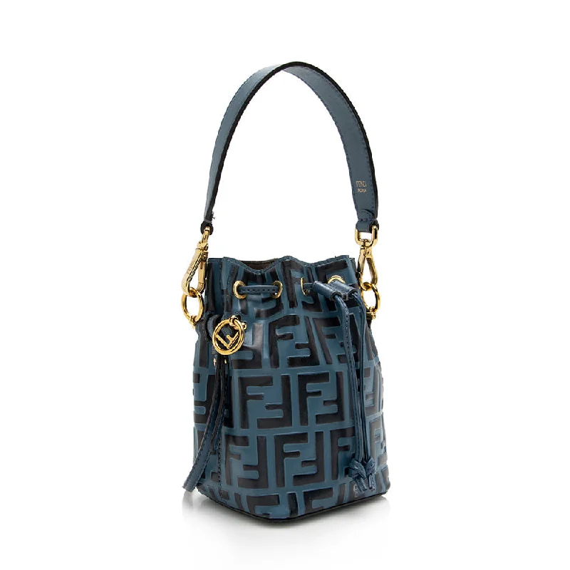 Fendi tote bags with a hand - painted FF pattern for an artisanal and one - of - a - kind touchFendi FF Embossed Calfskin Mon Tresor Mini Bucket Bag (SHF-16308)