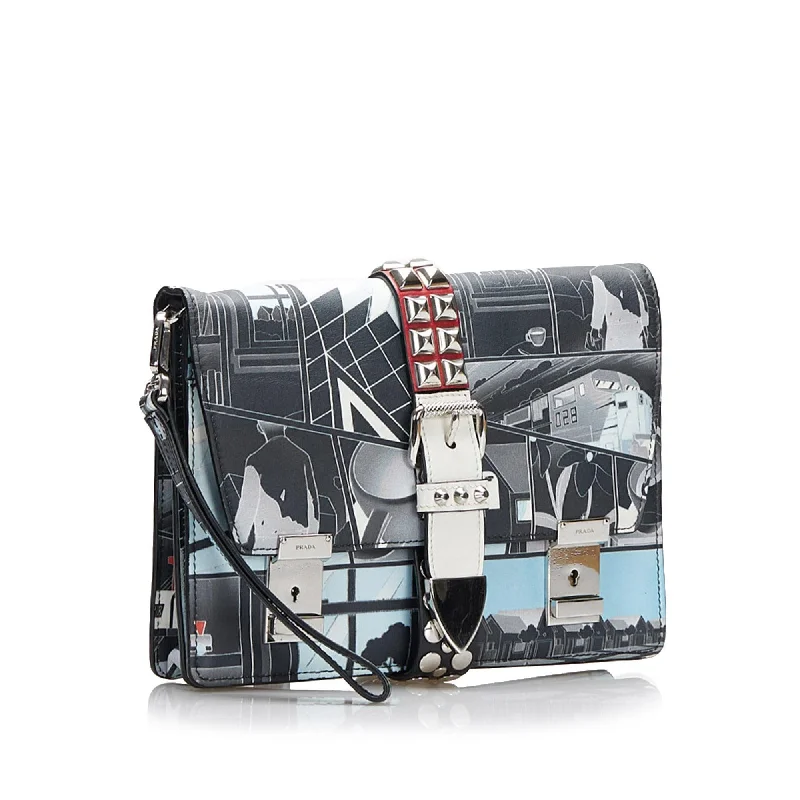 Ladies Prada shoulder bags with a magnetic - closure flap for easy opening and closingPrada Comic Print Studded Elektra Clutch nJLm2I