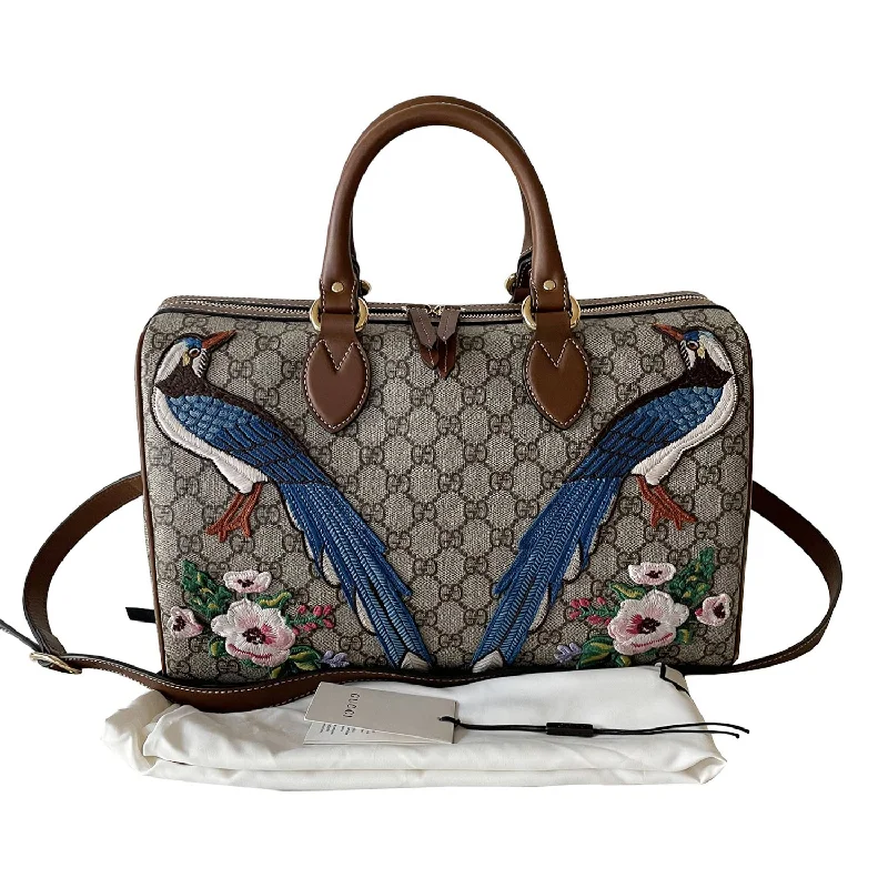 Women Gucci bags with a zip - around closure for securityGucci GG Supreme Embroidered Boston Bag