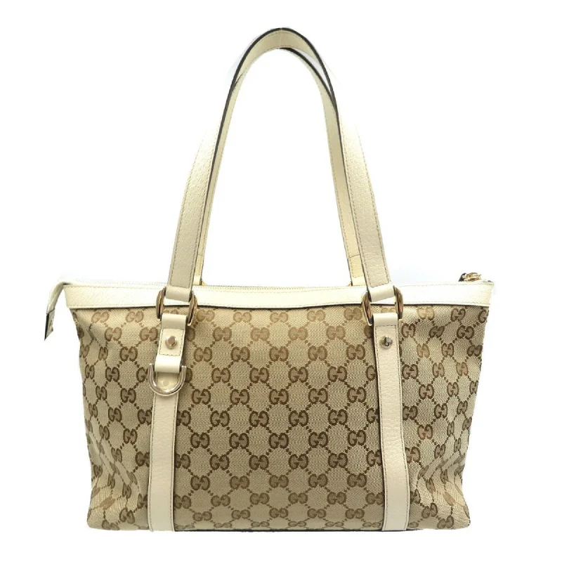 Gucci tote bags for women with a spacious interiorGUCCI Abbey Line 141470 GG Canvas Leather Beige Tote Bag