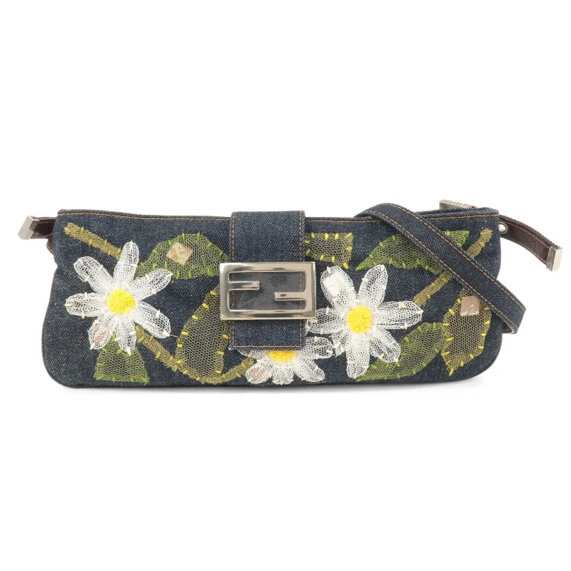 Fendi crossbody bags with a keychain holder for practicality and easy access to keysFENDI Denim Leather Shoulder Bag Flower Blue 26685