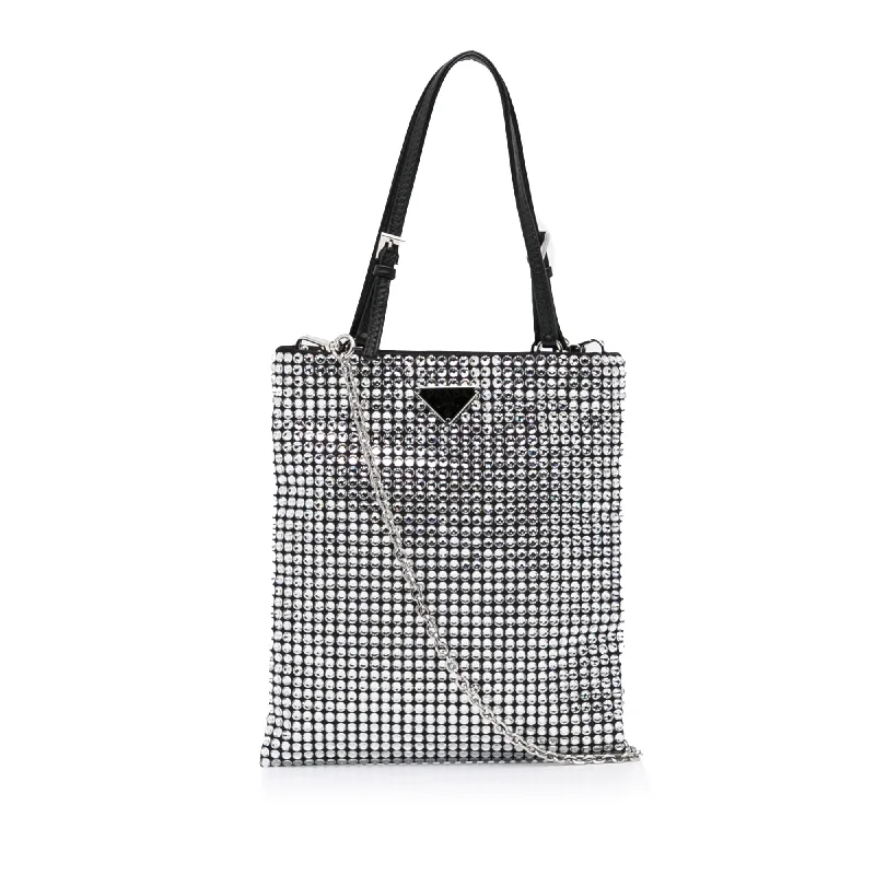 Prada tote bags with a printed Prada logo on the front for brand visibilityPrada Crystal Handbag Silver Satin