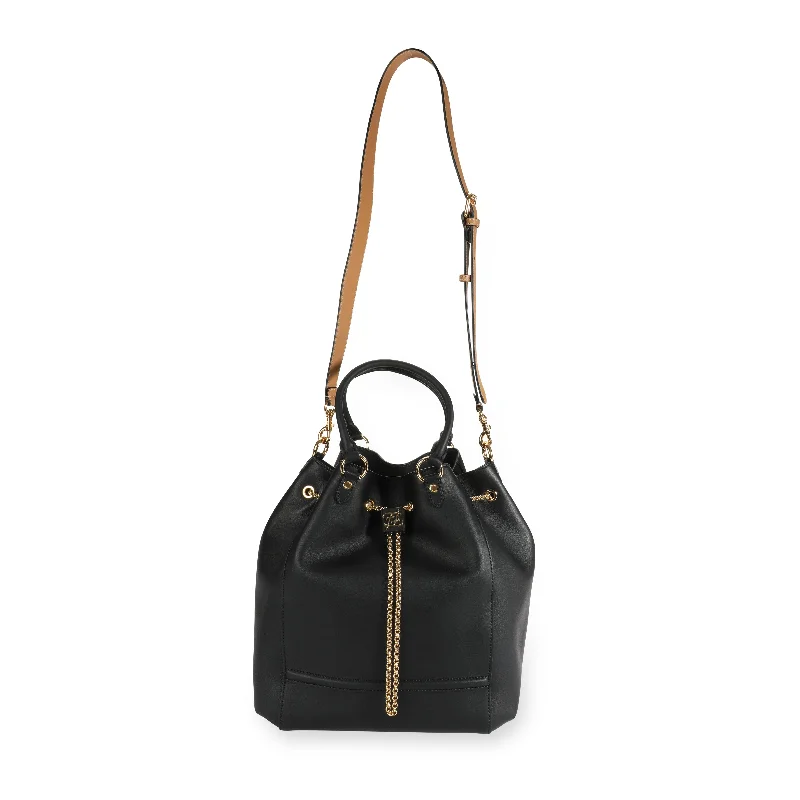 Fendi Baguette bags with a detachable charm featuring the brand's mascotFENDI Black Vitello Leather Karligraphy Chain Bucket Bag