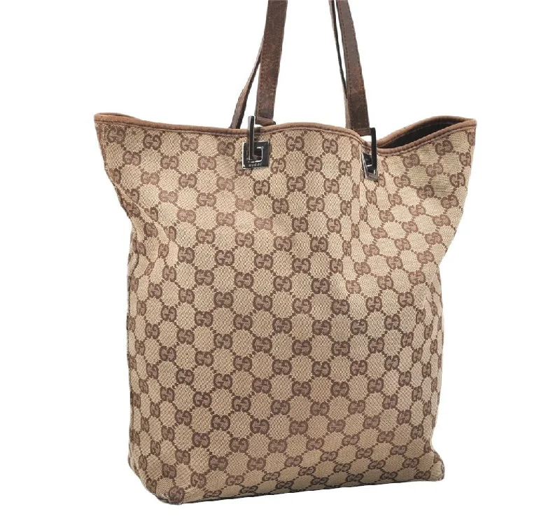 Ladies Gucci shoulder bags with a magnetic - closure flapAuthentic GUCCI Vintage Shoulder Tote Bag GG Canvas Leather 31243 Brown 6927K