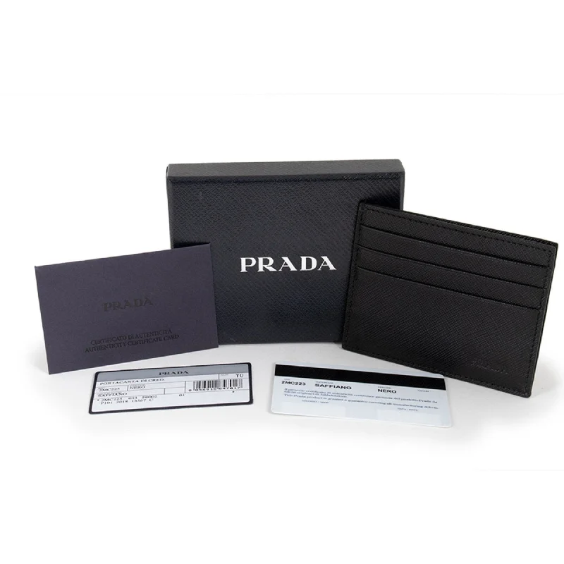 Prada tote bags with a double - handle and shoulder - strap option for easy usePrada Saffiano Nero Black - Gray Card Holder Silver Logo