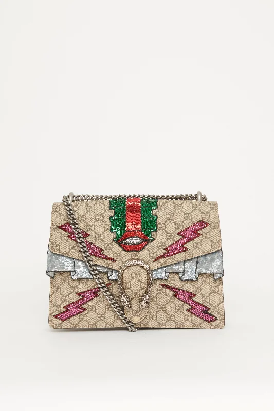 Women Gucci bags with a chain - link trim and a leather body2016 Runway Embroidered GG Supreme Preowned Dionysus Bag