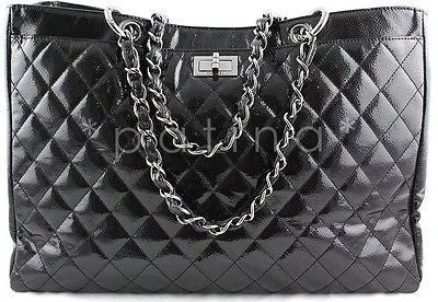 Chanel Designer Handbag with Unique DesignChanel Black Patent Quilted Caviar Diamond Shine XL Shopper Tote Bag