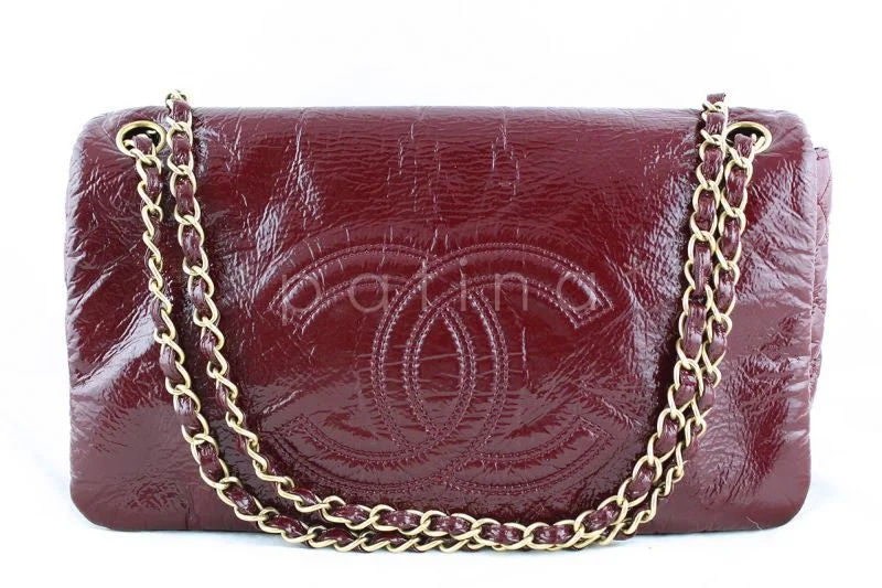 Chanel Handbag with Adjustable Strap for ComfortChanel Jumbo Burgundy Red Patent Rock & Chain Classic Logo Flap Bag