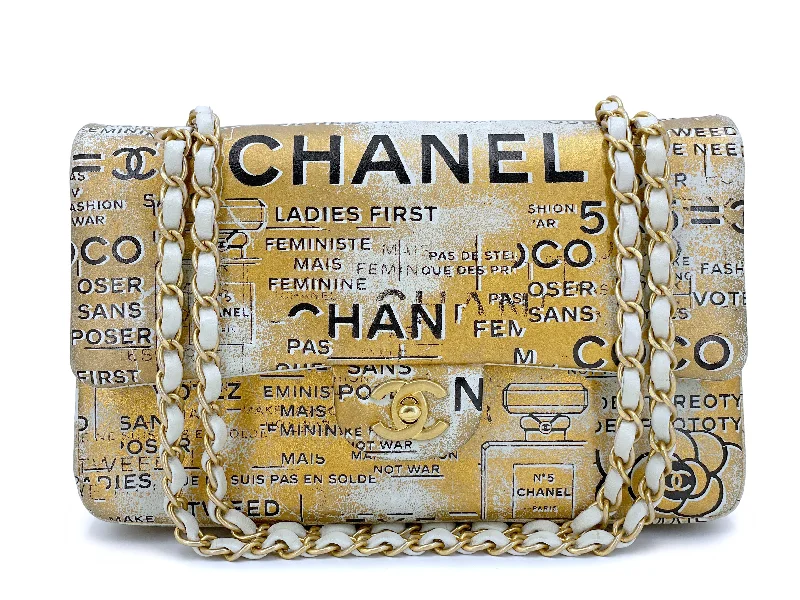 Chanel Designer Handbag with Unique DesignChanel Newspaper Flap Bag 2015 Gold Graffiti Medium Double Classic GHW