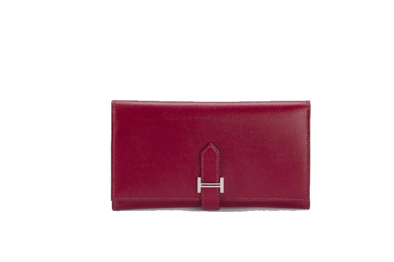 Hermes Bearn Wallet Tri Fold (Stamp O) Rouge H Color, Box Leather & Silver Hardware, with Box