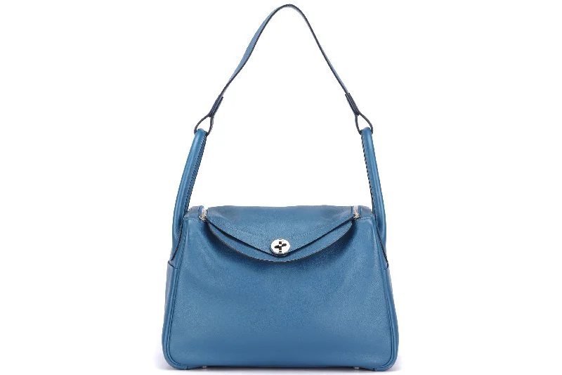 HERMES LINDY 30 (STAMP Q (2013)) BLUE COLVERT EVERCOLOR LEATHER SILVER HARDWARE, WITH DUST COVER