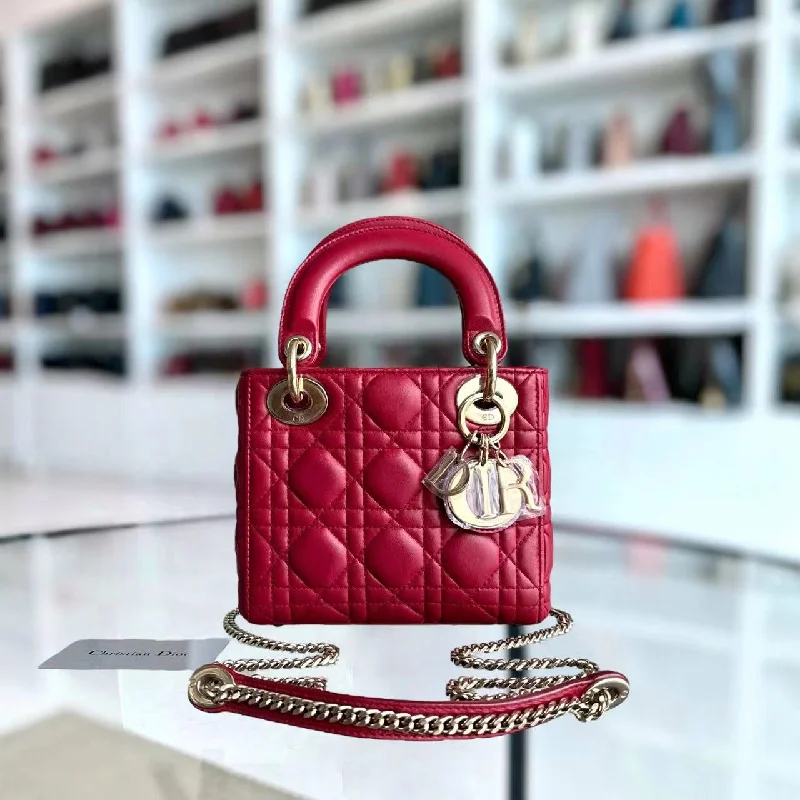 Luxury Christian Dior crossbody bags with a chain - link strap*2020, Chain strap* Lady Mini Cannage Lambskin Burgundy Red Golden Hardware