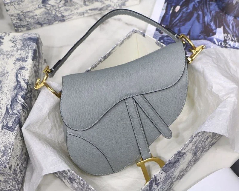 Christian Dior handbags with a back - pocket for quick storageChristian Dior Saddle Bag Light Blue Grained Gold Toned Hardware