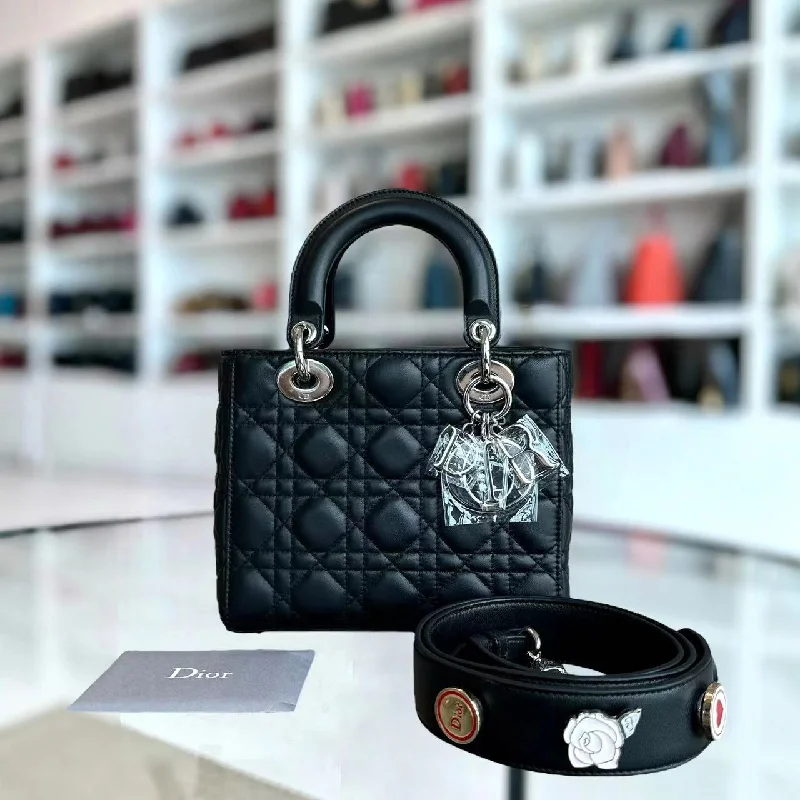 Christian Dior bags with a zip - top closure and multiple compartmentsLady Small Cannage Lambskin ABC MyABC Badge Strap Black Silver Hardware