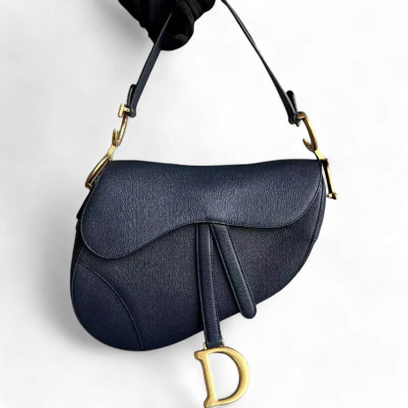 Stylish Christian Dior shoulder bags with a tassel - adorned zipperDior Saddle Medium Grained Calfskin Dark Blue Golden Hardware