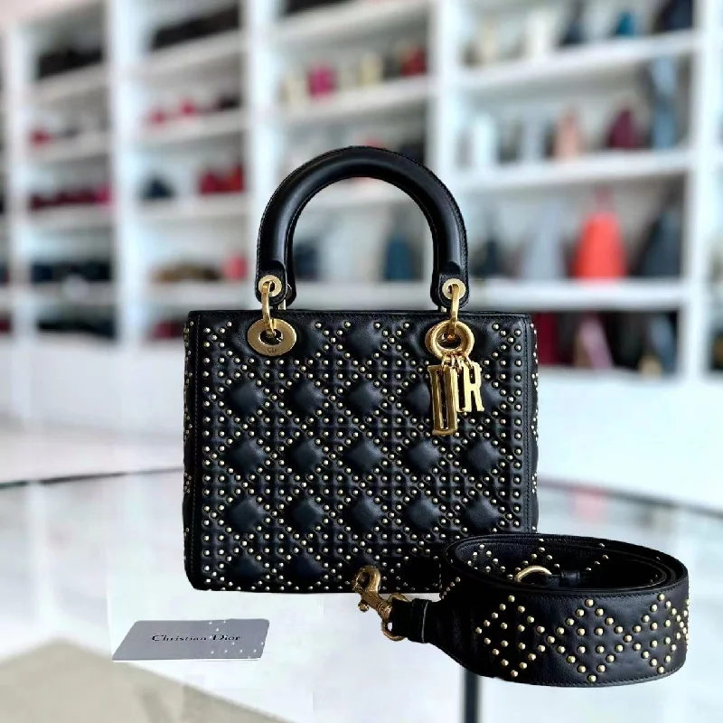 Christian Dior bags with a zip - top closure and multiple compartments*Flap Version* Lady Medium Studded Cannage Lambskin Black Golden Hardware