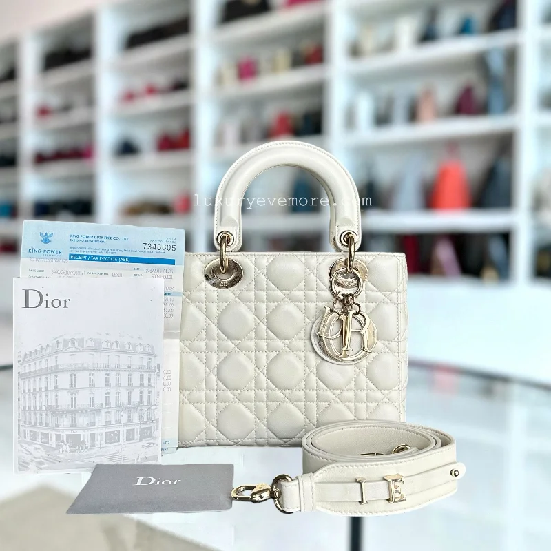 Contemporary Christian Dior handbags with a unique shape*Full Set, Receipt, ABC Strap* Lady Small Cannage Lambskin Cream White Light Golden Hardware ABC Strap MyABC